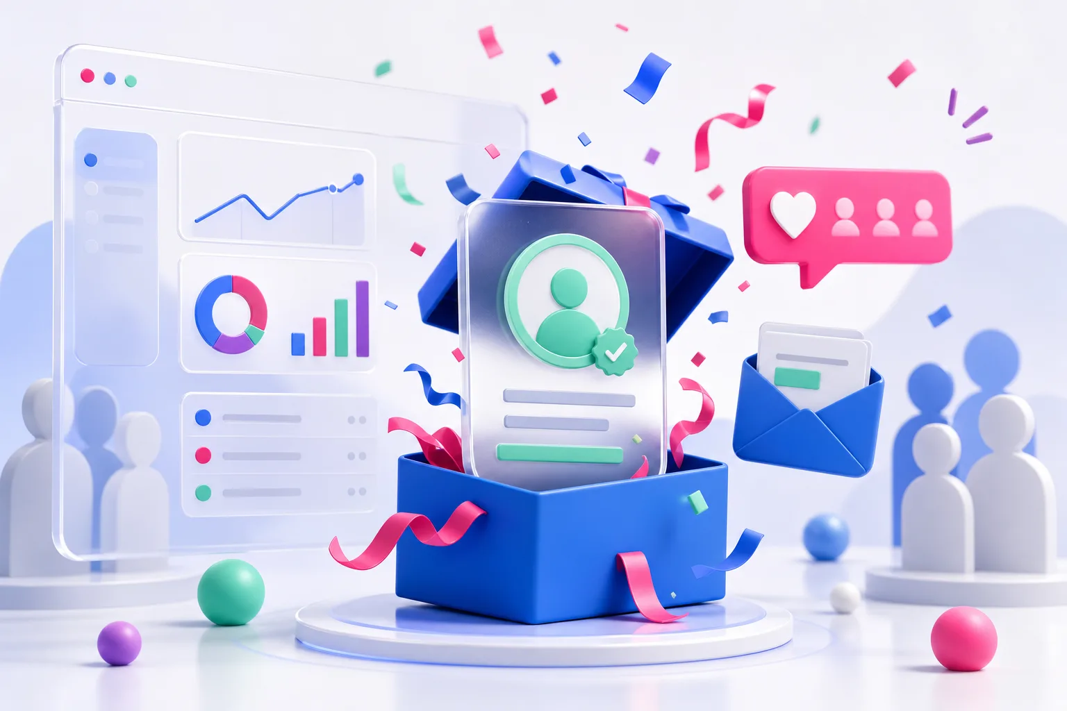 A premium giveaway winner announcement scene with a prize, verified winner, email, and social notifications.