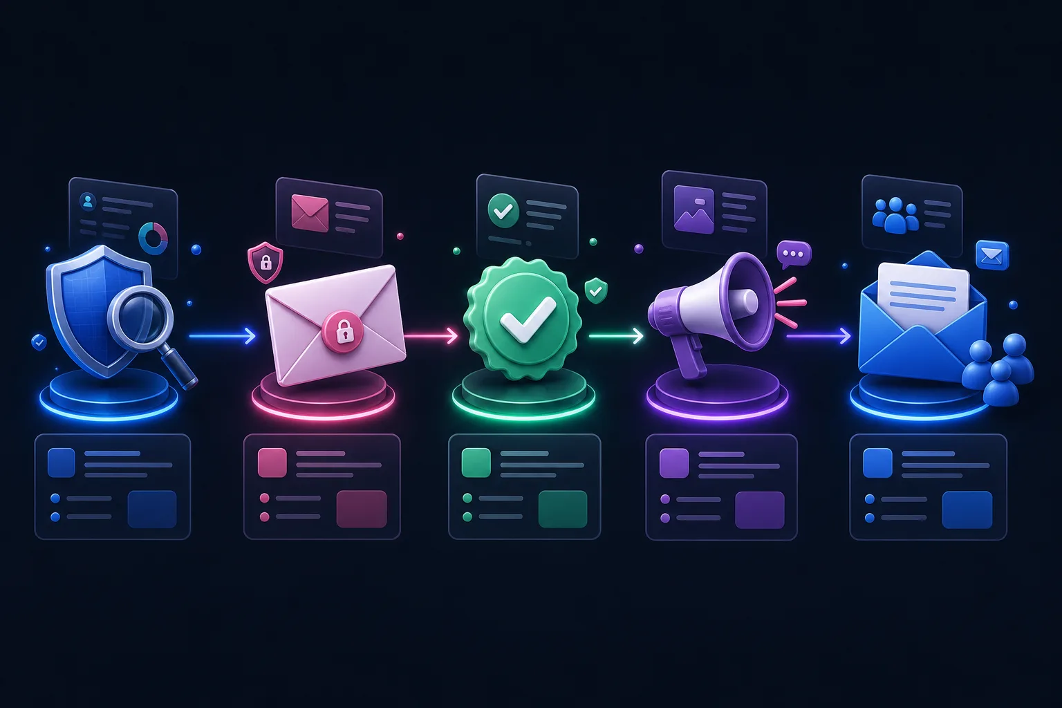 A five-stage giveaway workflow from eligibility review and private notification through public announcement and non-winner follow-up.