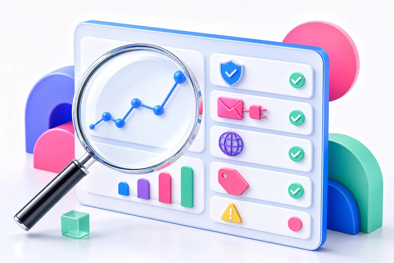 A magnifying glass inspecting referral tracking, fraud protection, integrations, branding, and campaign economics.