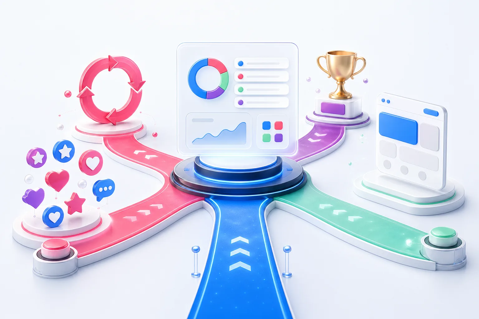 A campaign control center branching toward referral growth, social engagement, branded landing pages, and winner selection.