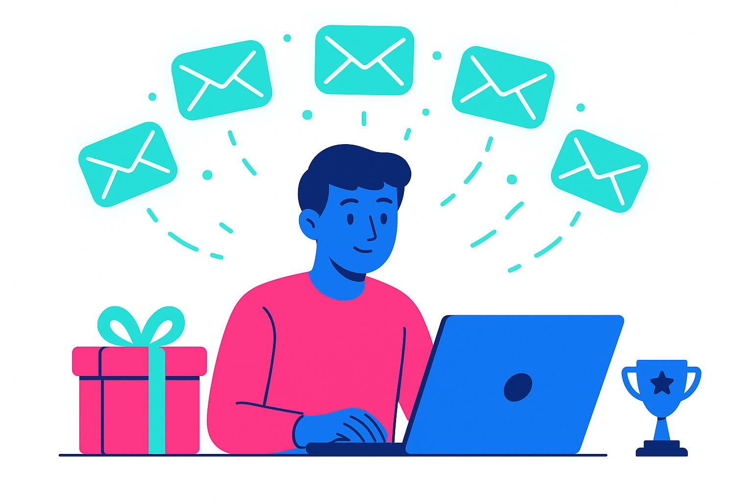 Person at laptop with email envelopes flying upward alongside a giveaway prize box, illustrating email list growth through contests