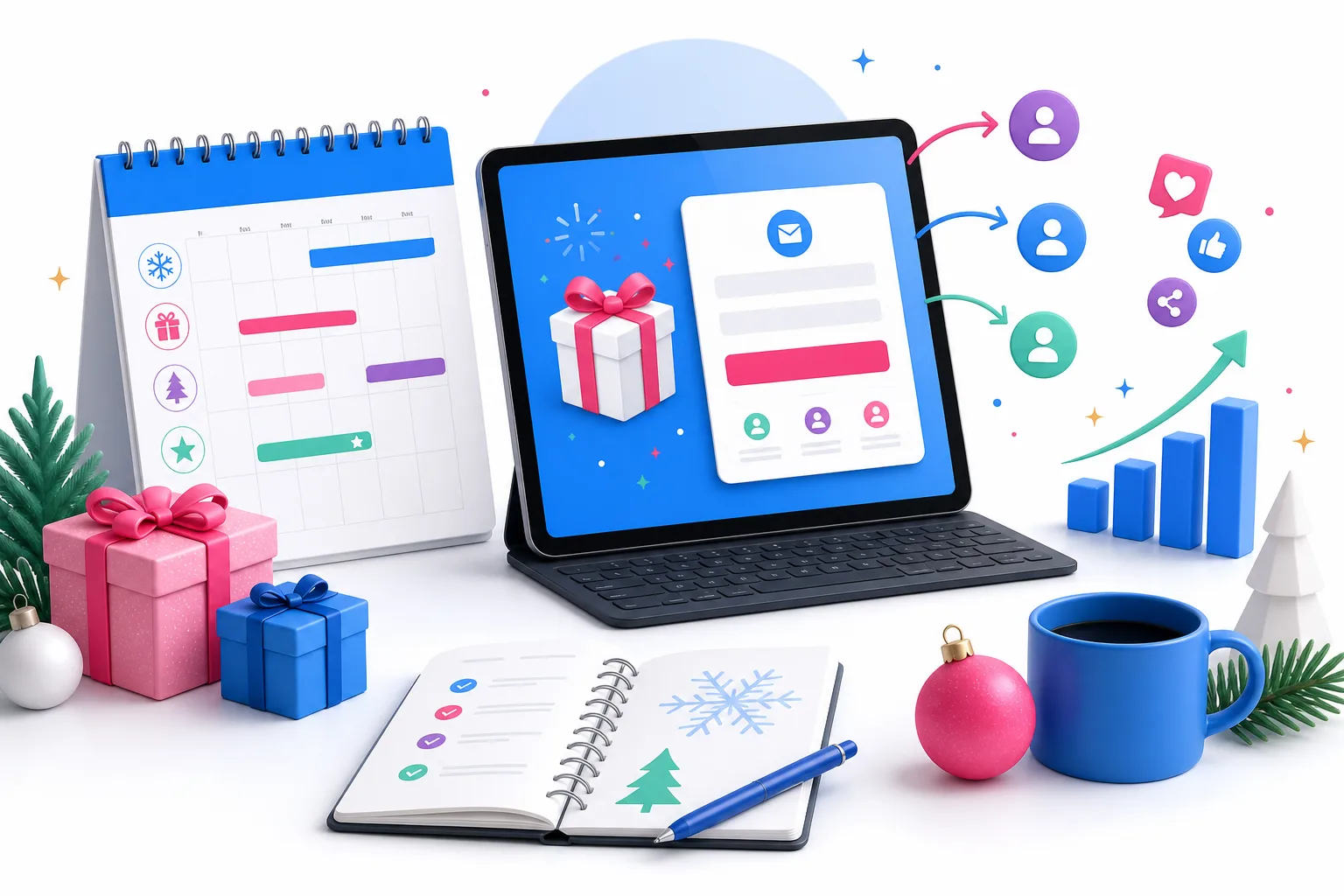 Holiday giveaway planning desk with calendar, gifts, landing page, referral arrows, and growth chart.