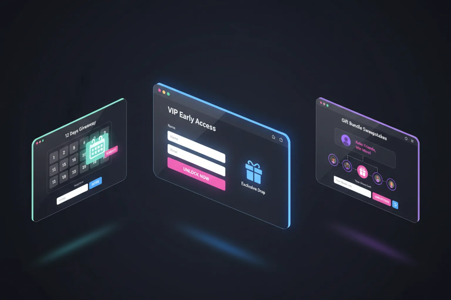Three holiday landing page examples showing VIP early access, 12 days of giveaways, and a gift bundle referral sweepstakes.