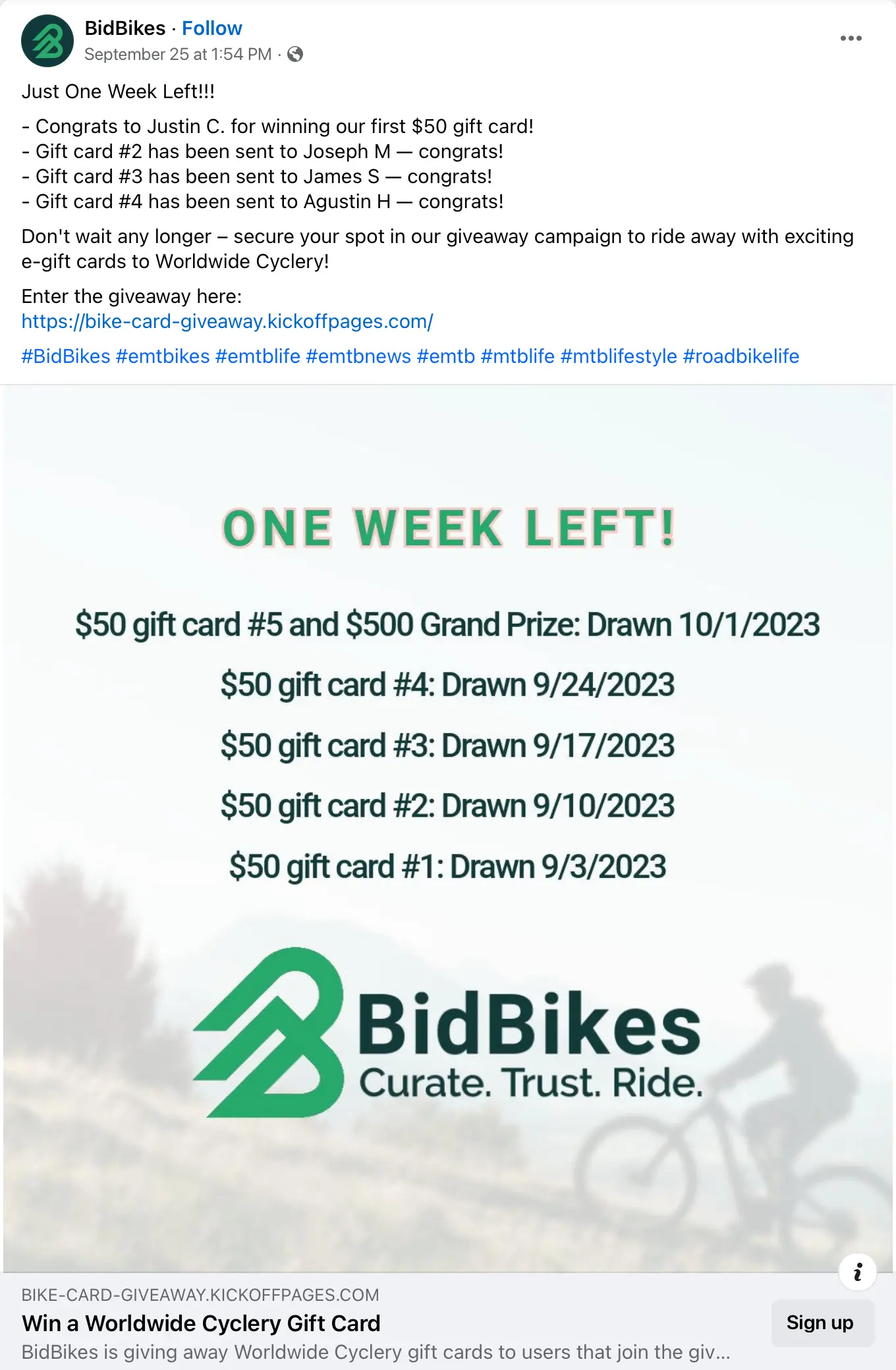 bidbikes giveaway example