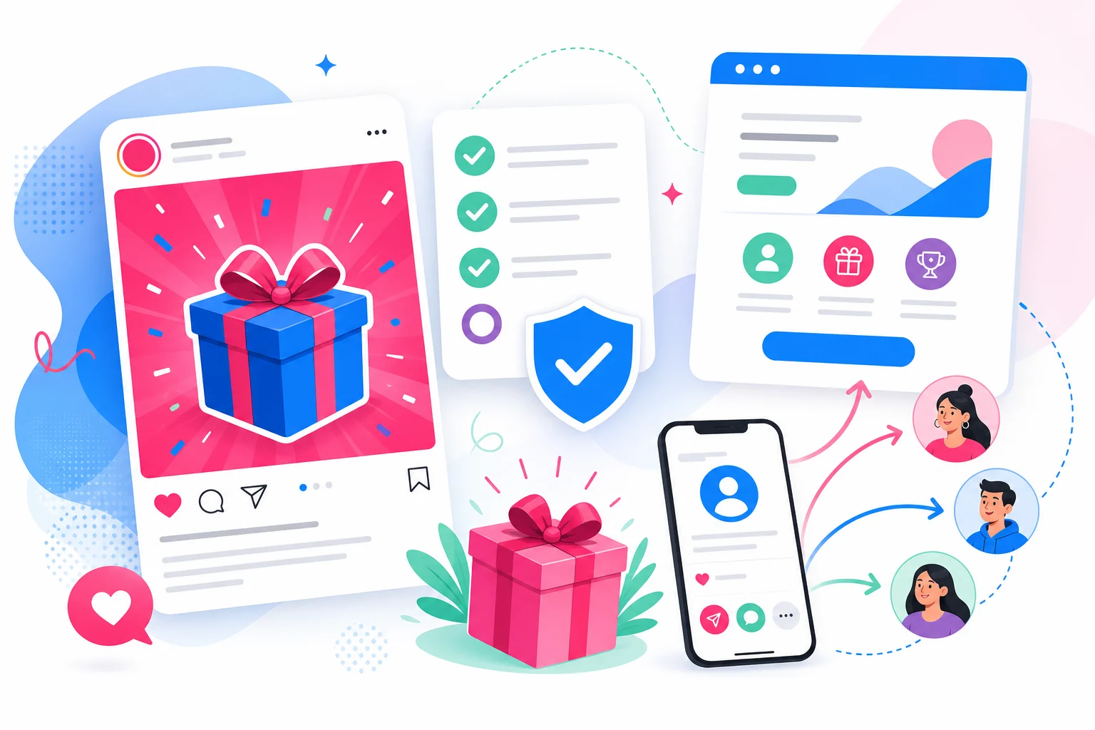 Instagram giveaway compliance checklist with prize, shield, and referral loop in KickoffLabs blue and pink