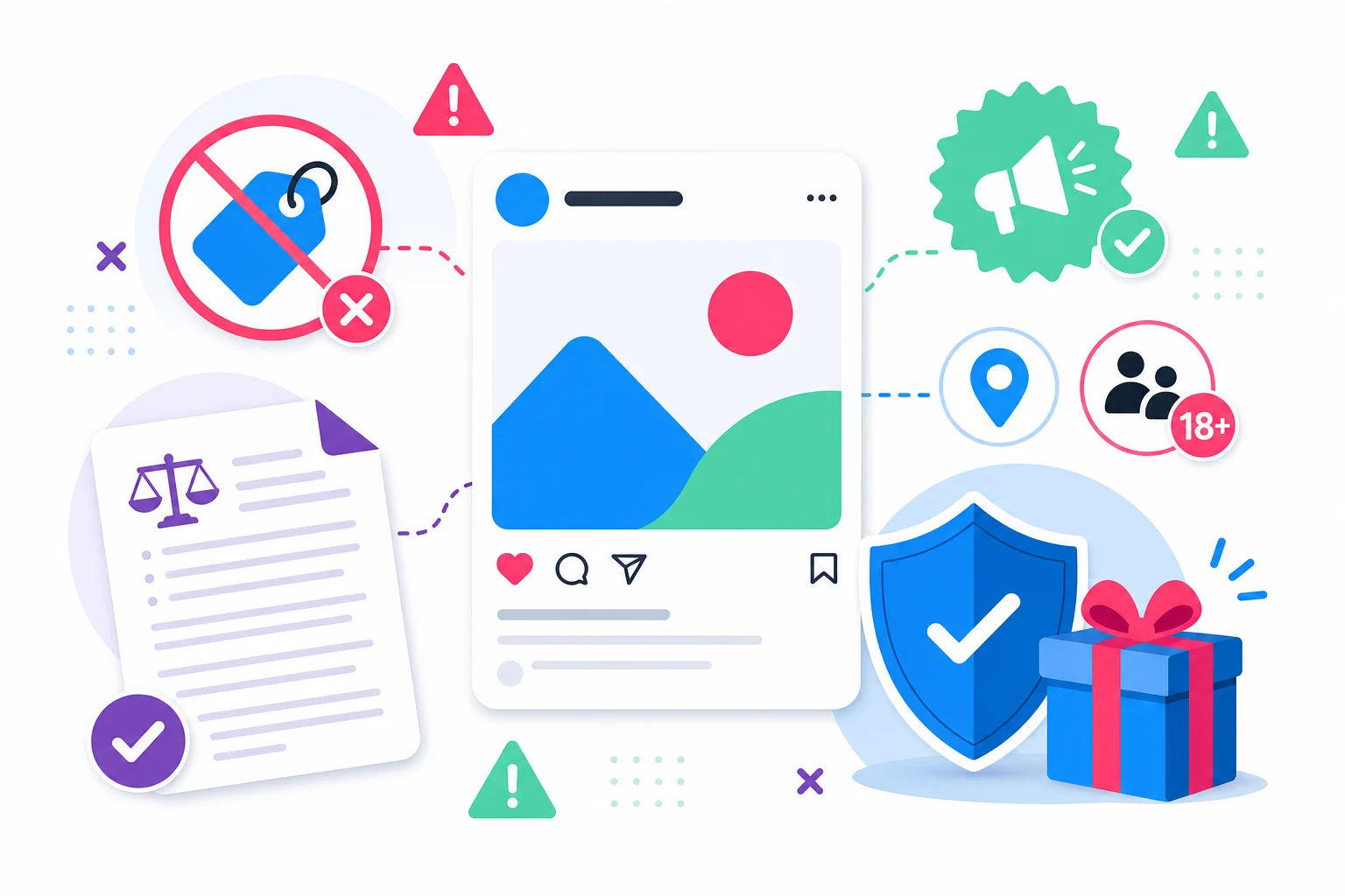 Instagram giveaway compliance mistakes with warning icons, eligibility, disclosure, and protected prize