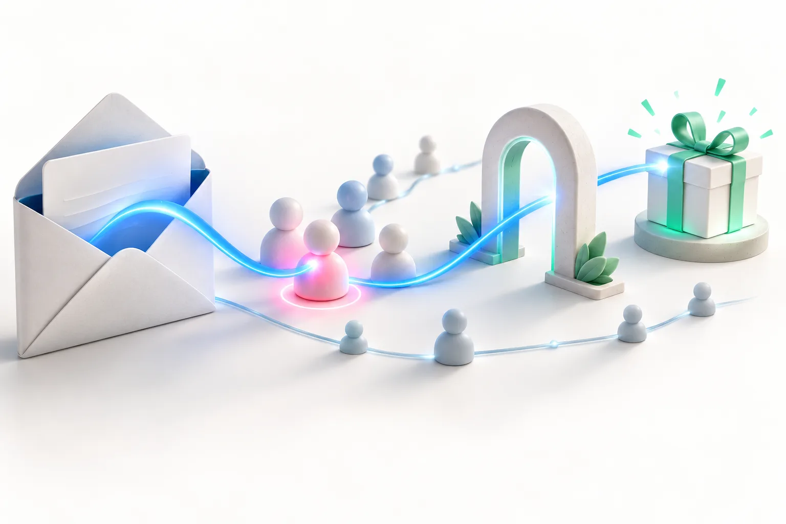 A newsletter share reaches readers, passes a referral milestone, and triggers reward delivery