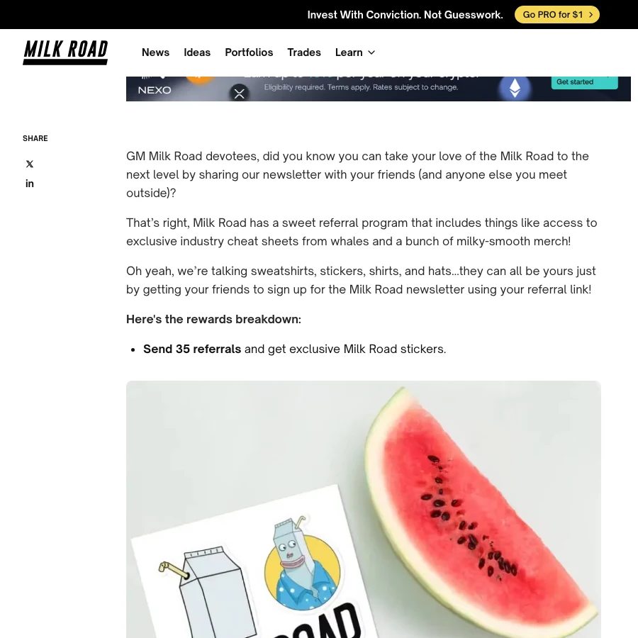 Screenshot from Milk Road's published referral rewards guide, showing its newsletter referral invitation and branded sticker reward
