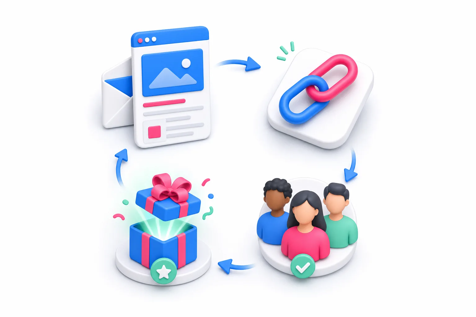 A four-stage newsletter referral loop from email to sharing, subscriber growth, and rewards