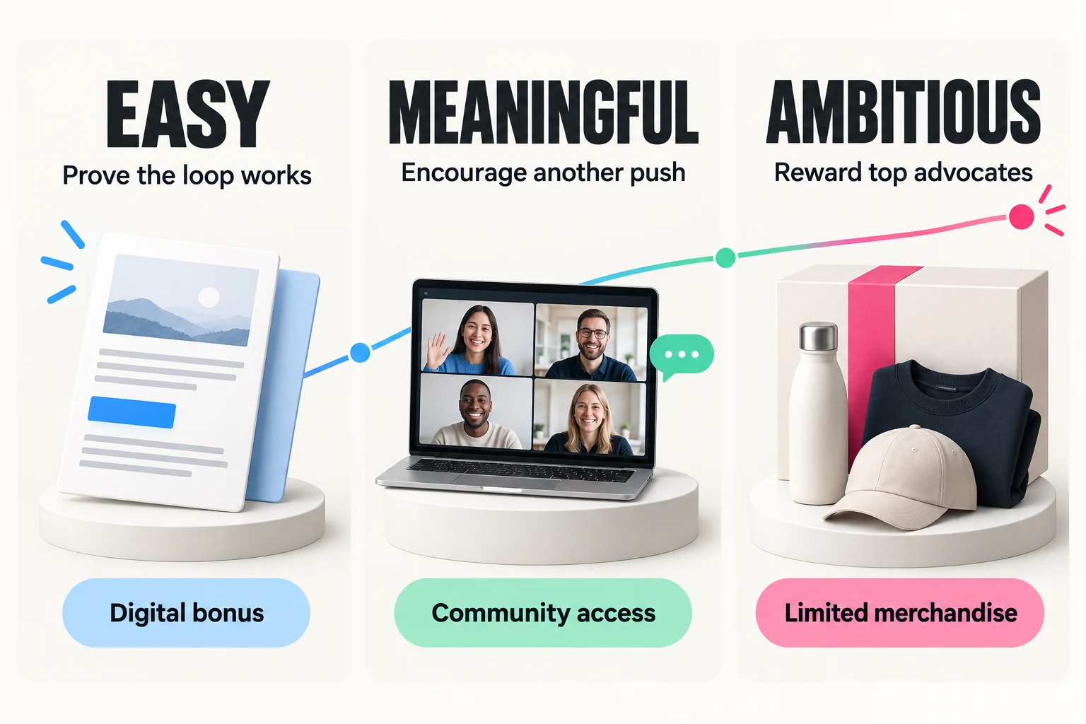 Three newsletter referral milestones: Easy—prove the loop works with a digital bonus; Meaningful—encourage another push with community access; Ambitious—reward top advocates with limited merchandise