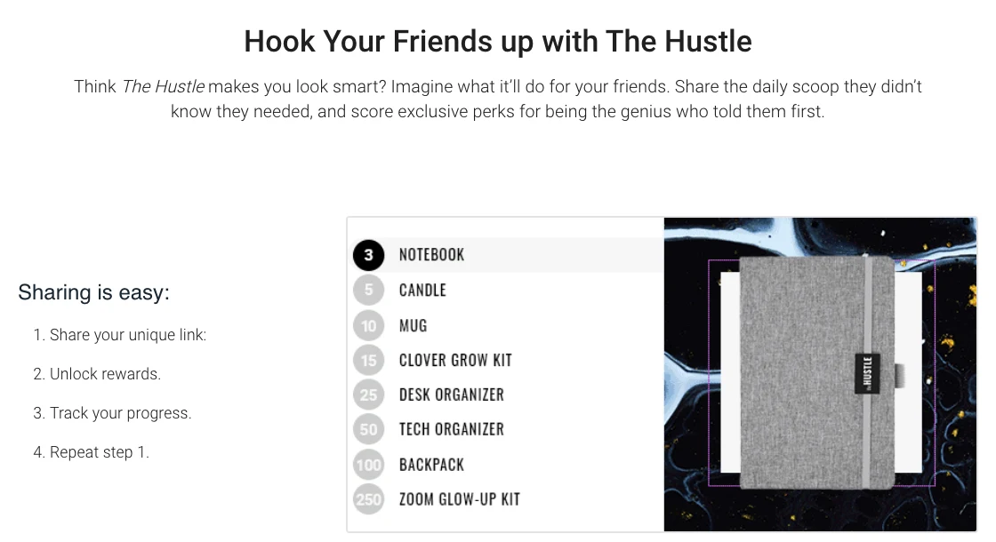 Screenshot of The Hustle's public referral campaign: share-link instructions alongside its reward ladder and notebook reward