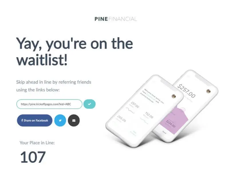 A KickoffLabs pre-launch waitlist page showing a referral confirmation screen with queue position, unique referral link, and social sharing options