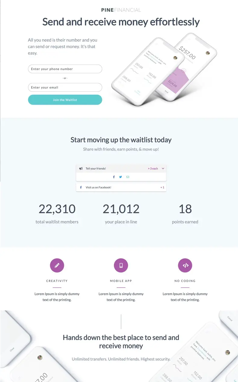 Full KickoffLabs waitlist landing page showing signup form, social proof counter, referral sharing section, and gamification elements