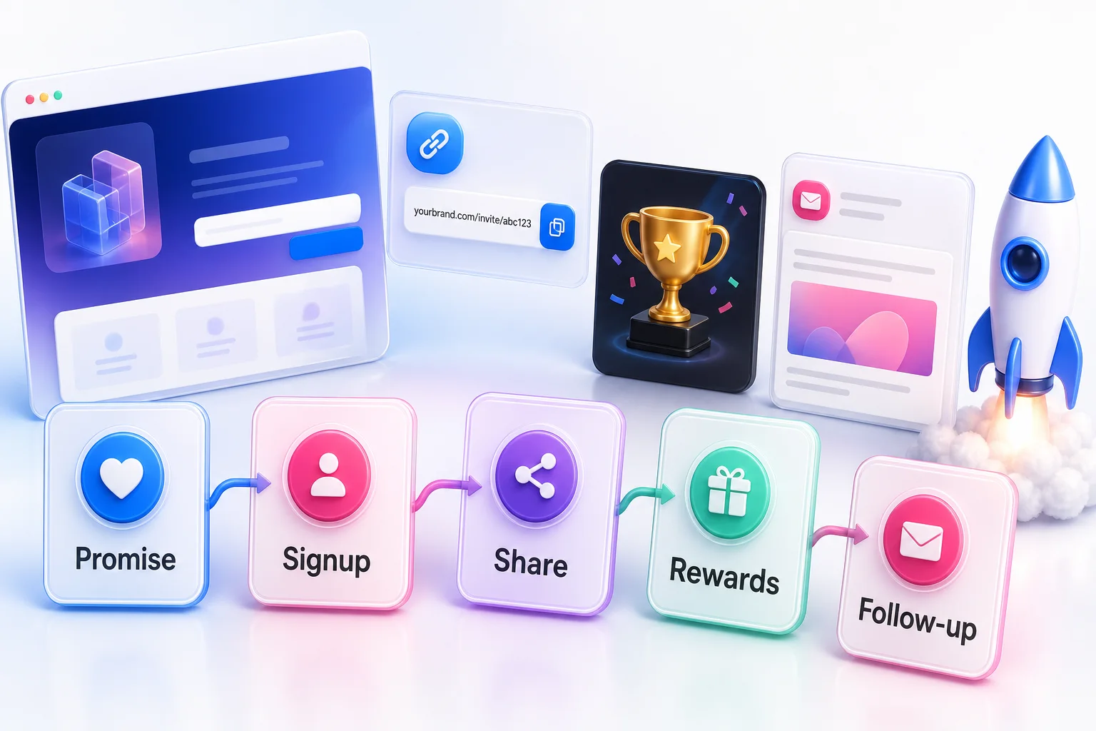 Five-part pre-launch referral waitlist flow from landing page to launch email