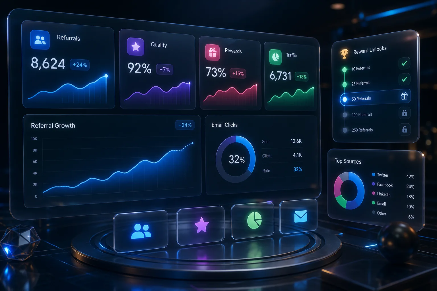Pre-launch referral waitlist launch signal scorecard showing referral rate, signup quality, reward unlocks, traffic sources, and email clicks