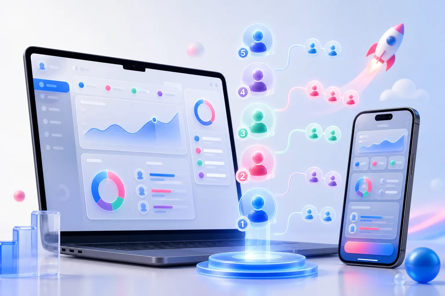 A premium prelaunch waitlist software dashboard with a ranked queue, referral paths, and launch devices