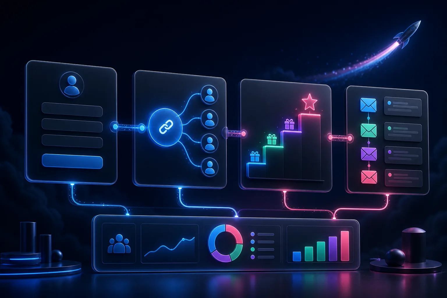 A dark KickoffLabs campaign control room connecting signup, referral, rewards, and email modules
