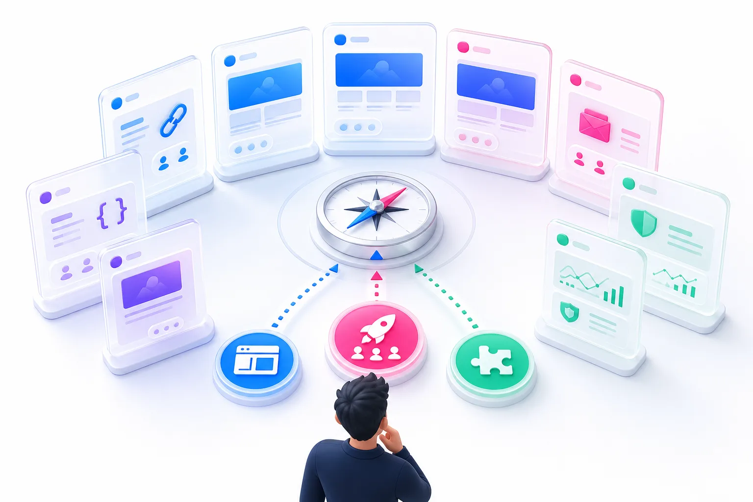 Ten abstract software cards arranged around a decision compass for choosing a prelaunch waitlist tool