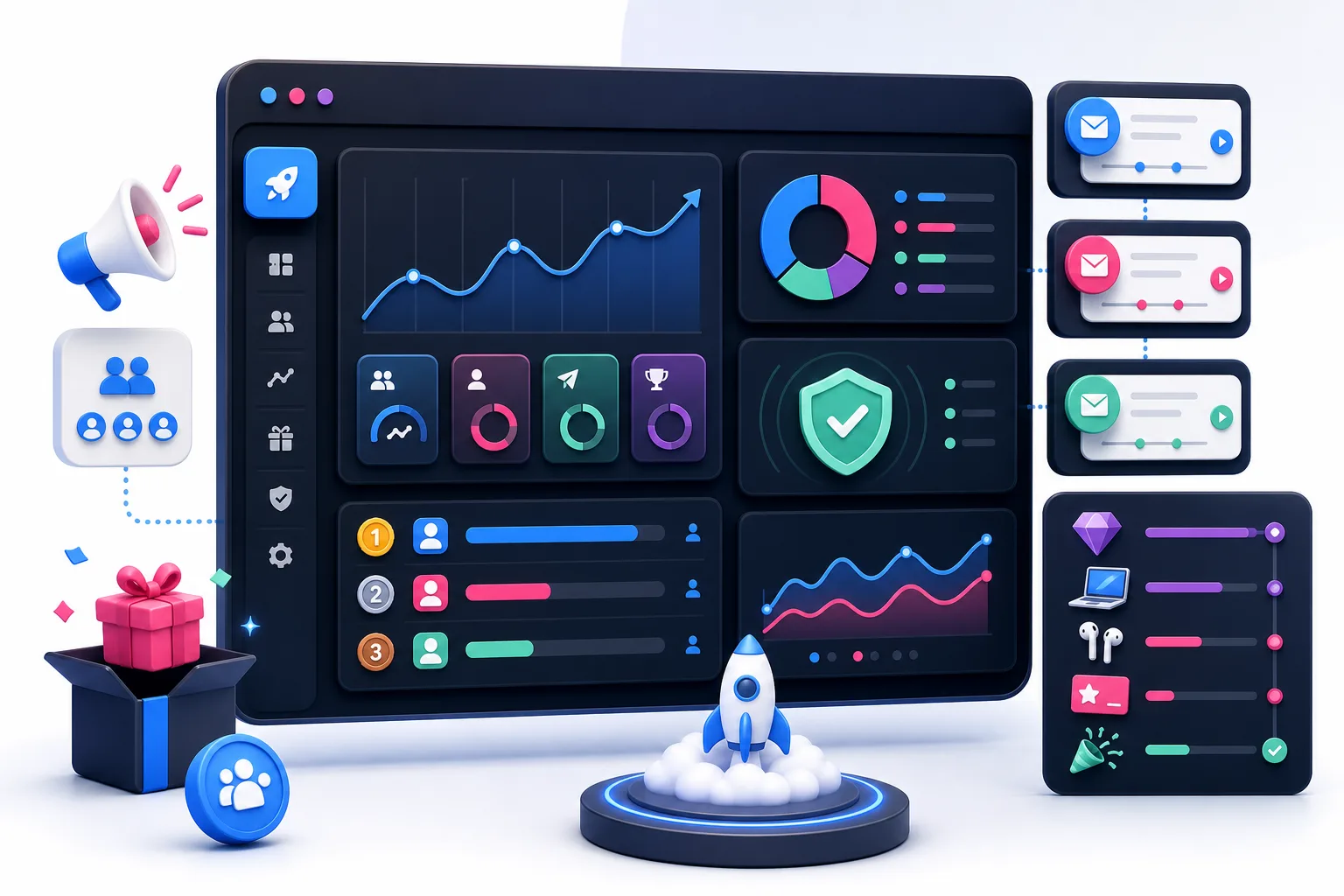 A launch-day control room visual showing referral tracking, fraud checks, waitlist ranks, and email follow-up.