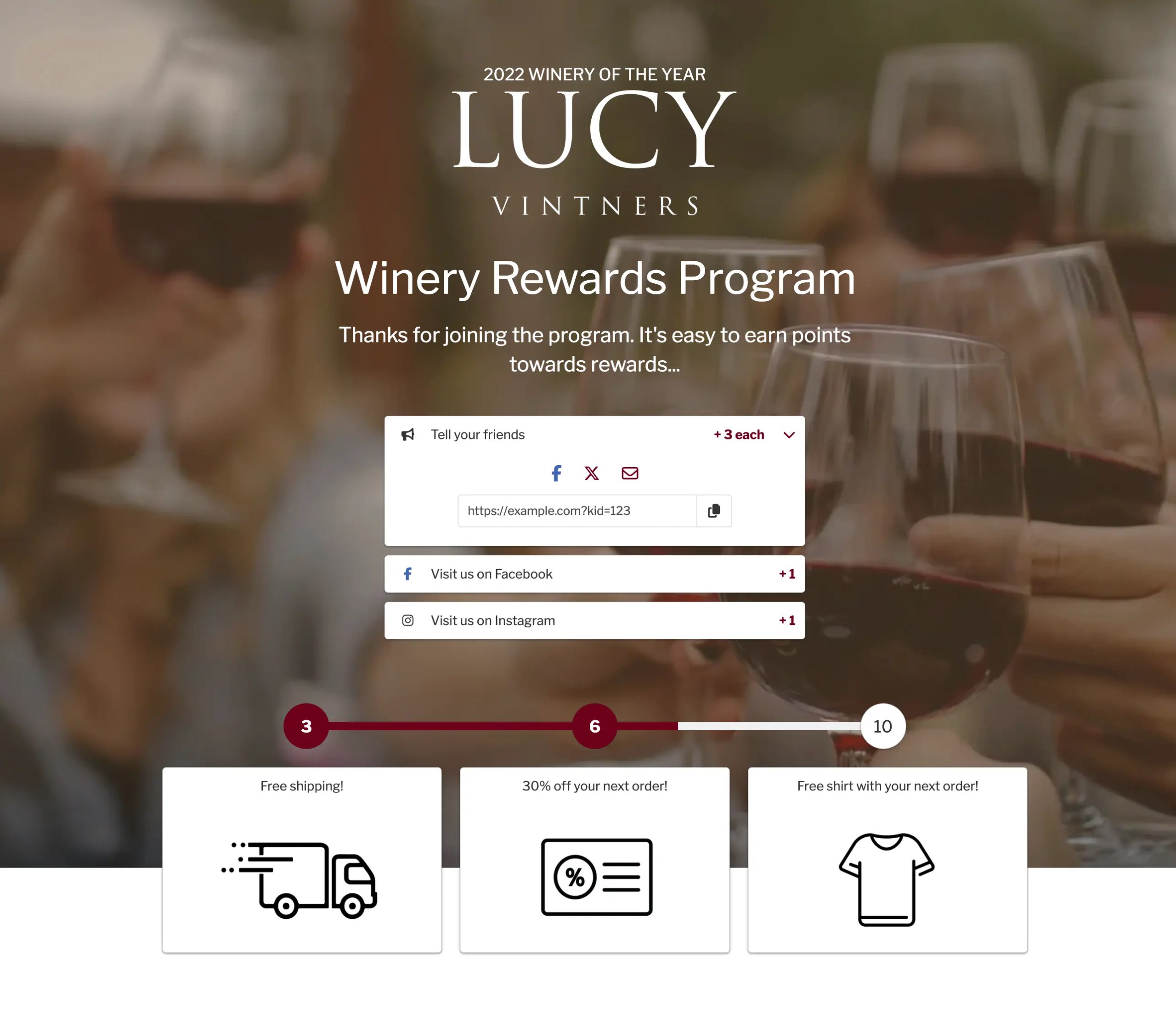 Lucy Vintners Winery Rewards Program built with KickoffLabs