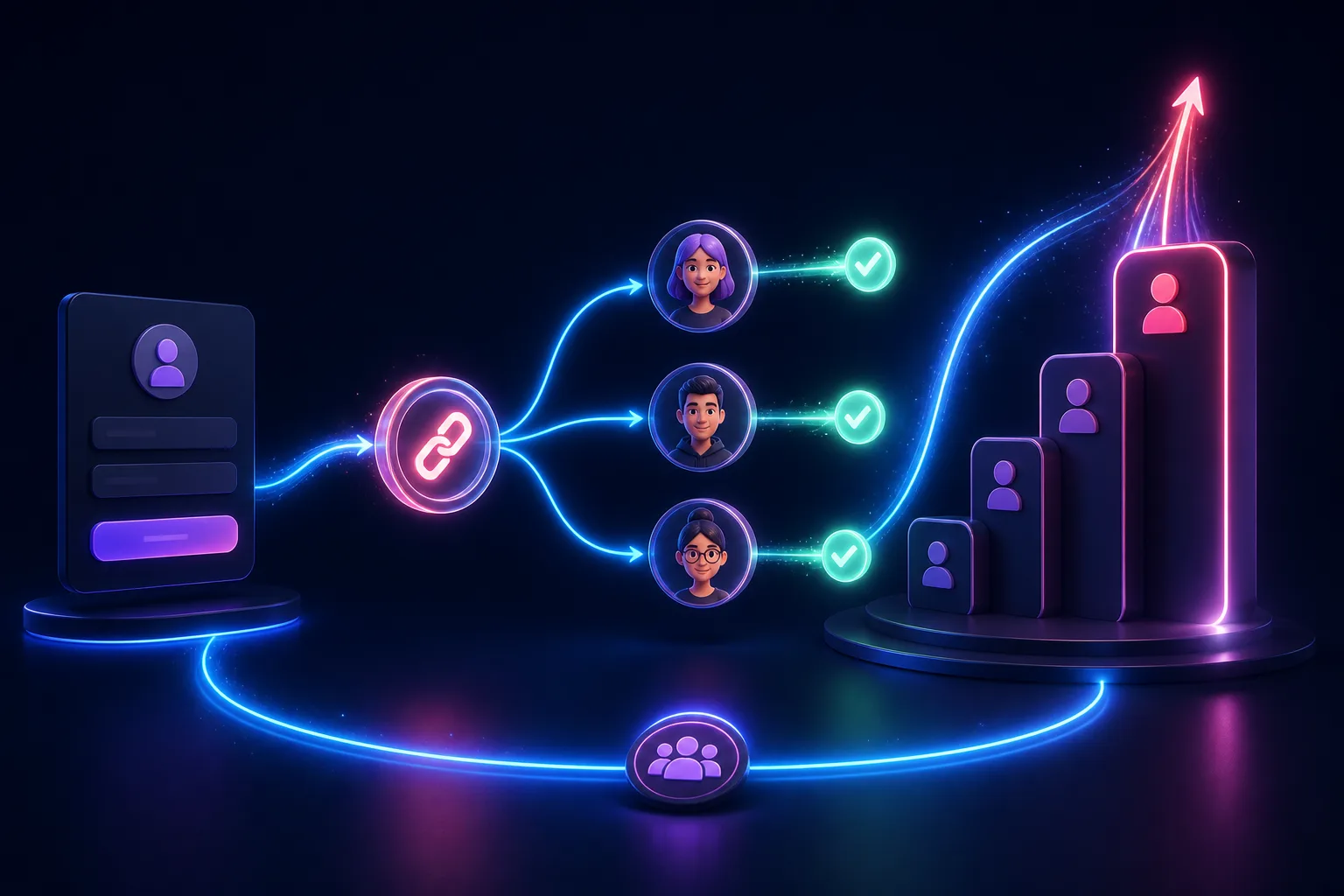 A three-dimensional referral loop from signup to friends to a higher queue position