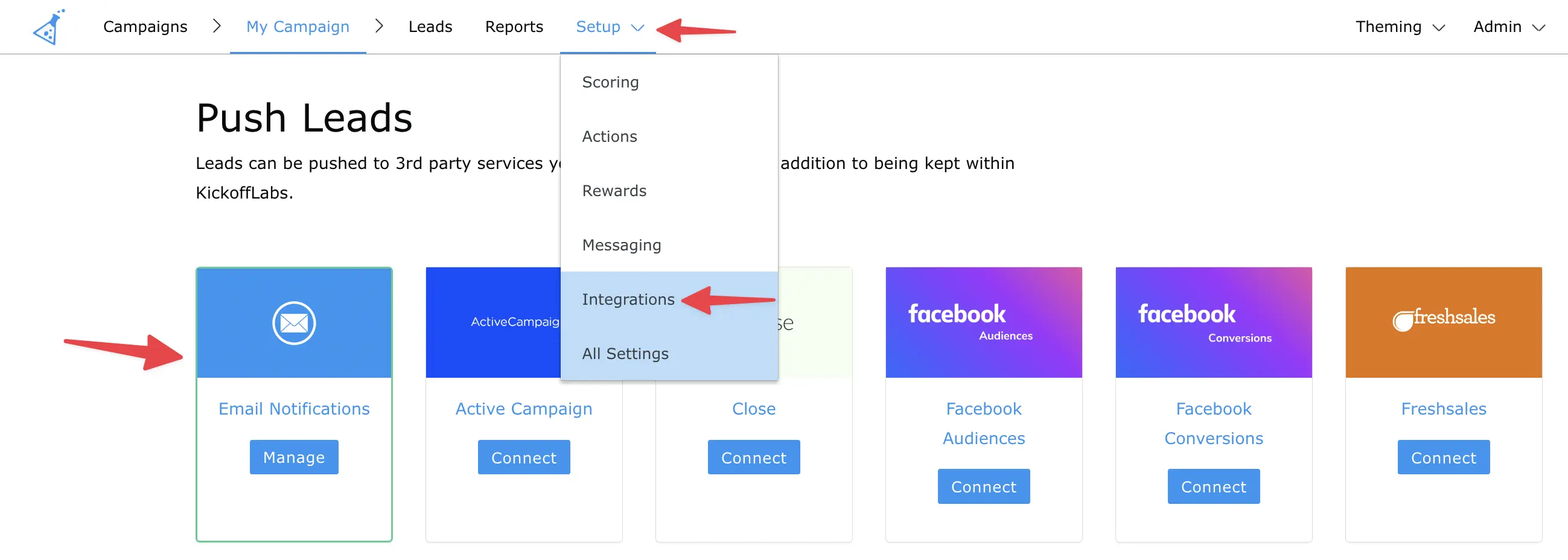 setup kickofflabs internal notifications