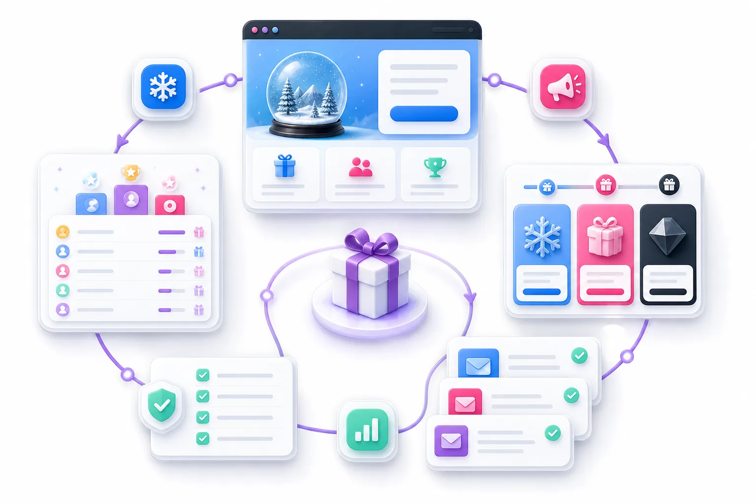KickoffLabs seasonal giveaway operating system with landing page mockup, referral leaderboard, reward tiers, follow-up emails, and checklist tiles