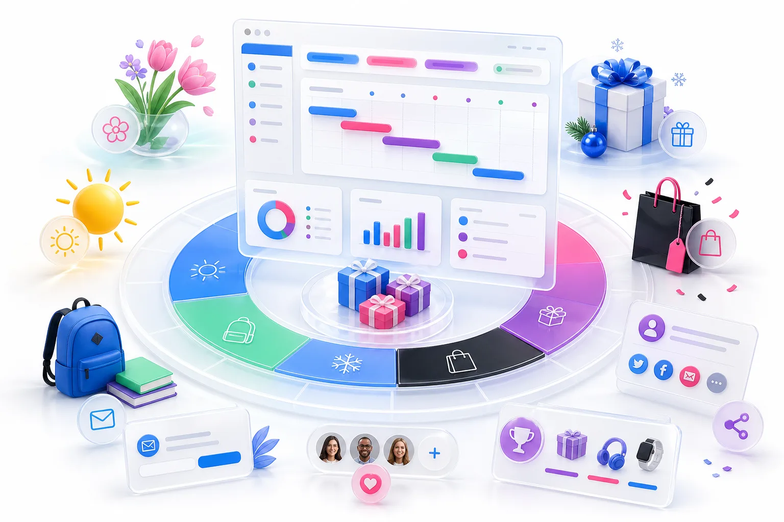 Seasonal giveaway campaign planning dashboard with prizes, referral icons, email capture widgets, and a year-round calendar wheel