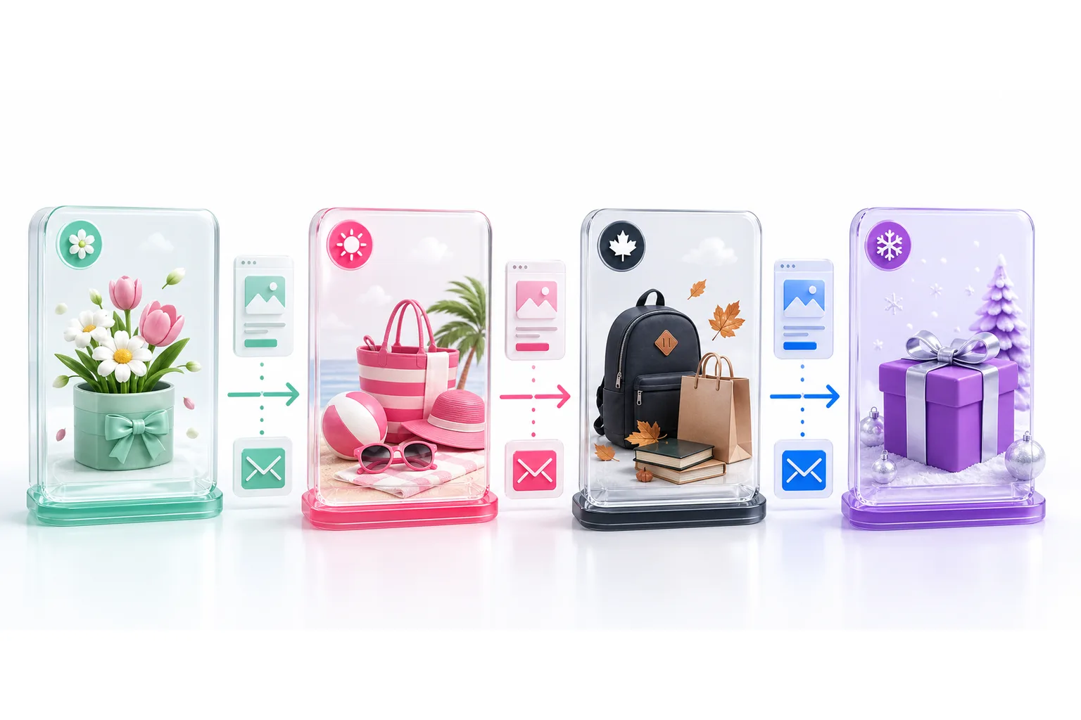 Four seasonal campaign cards connected by referral arrows, email capture widgets, and giveaway prize moments