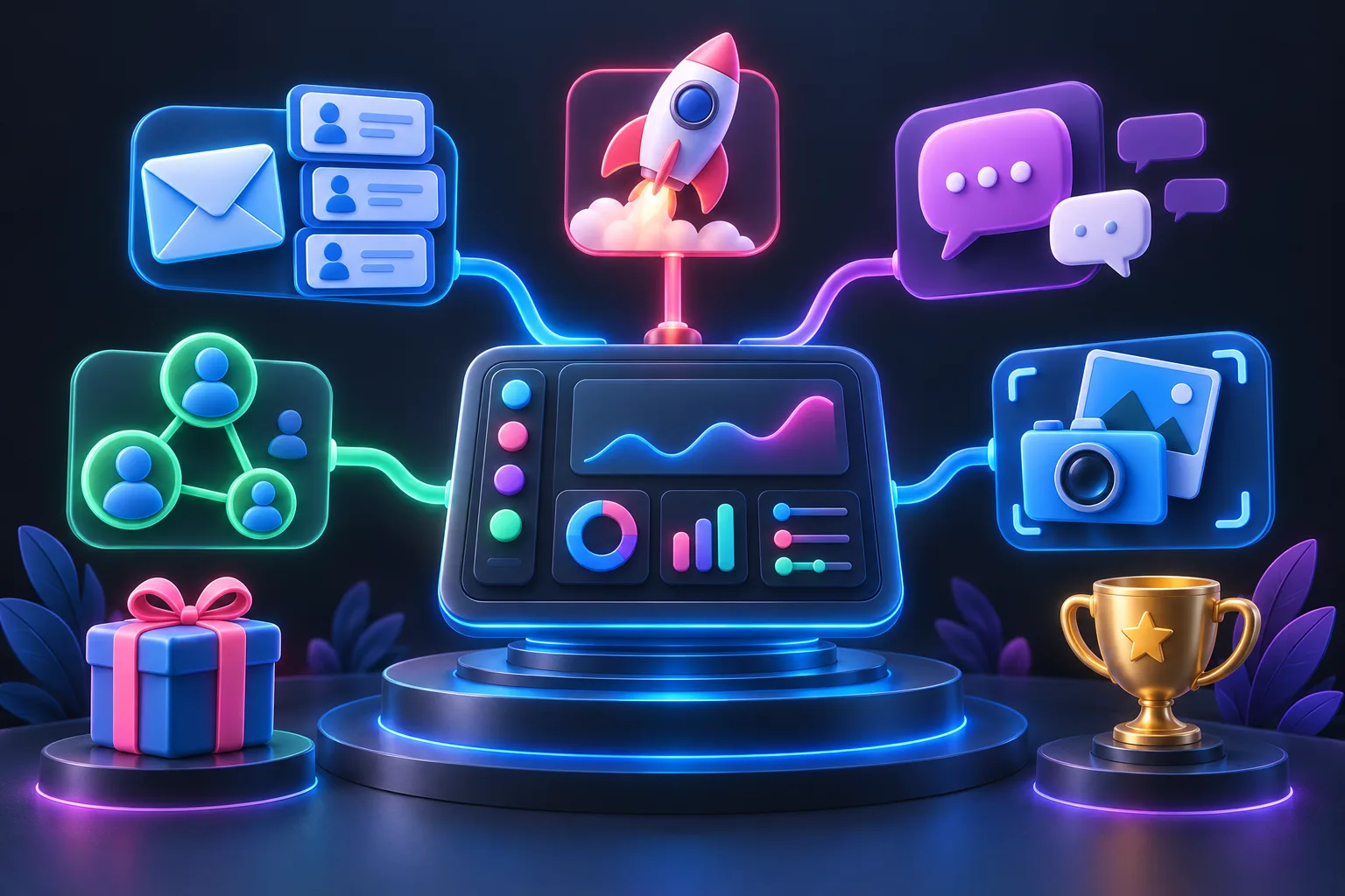 Illustrated campaign dashboard surrounded by email, launch, referral, community, camera, and prize icons