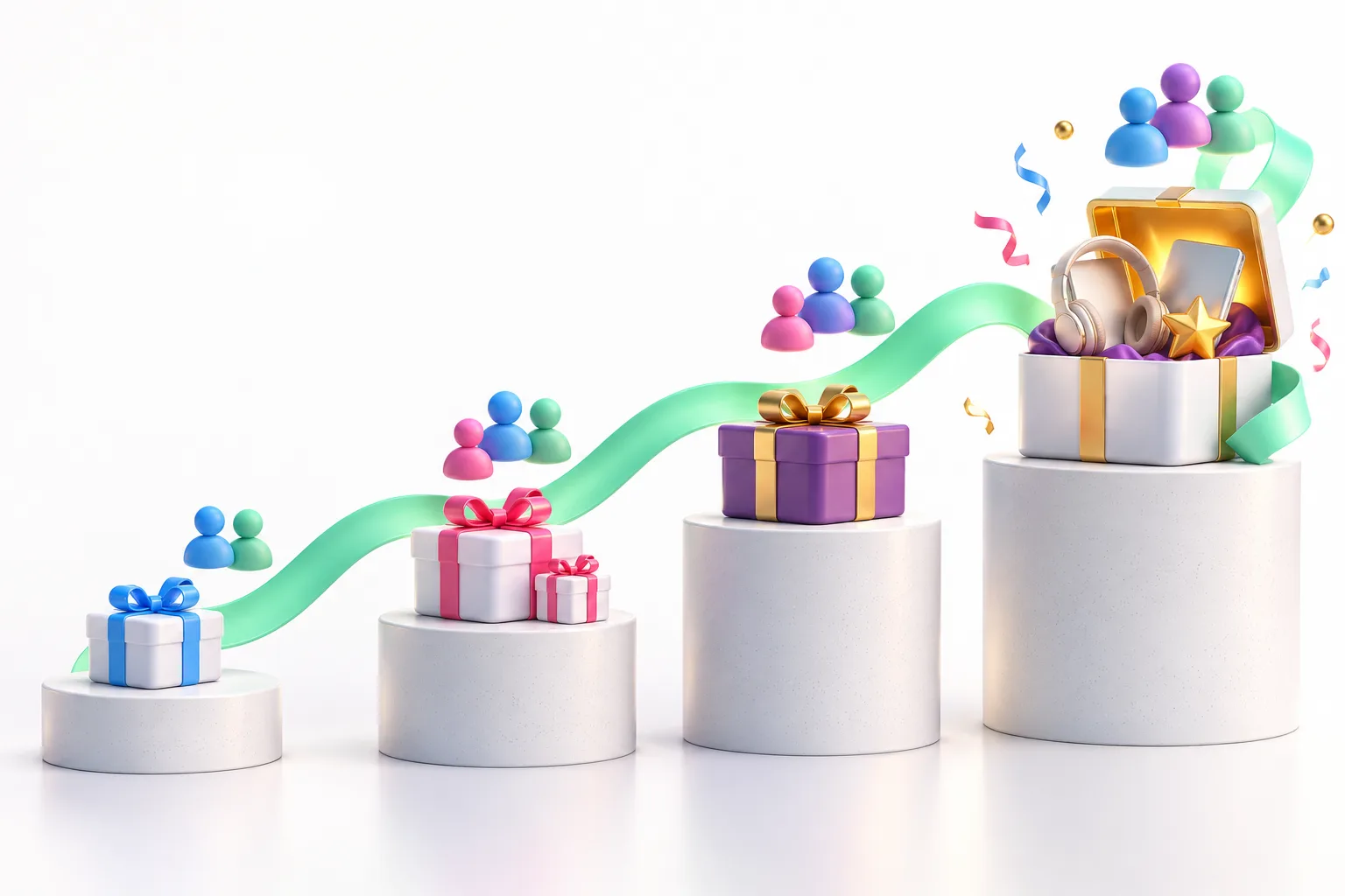 Illustrated referral milestones with rising prize tiers as more qualified friends join