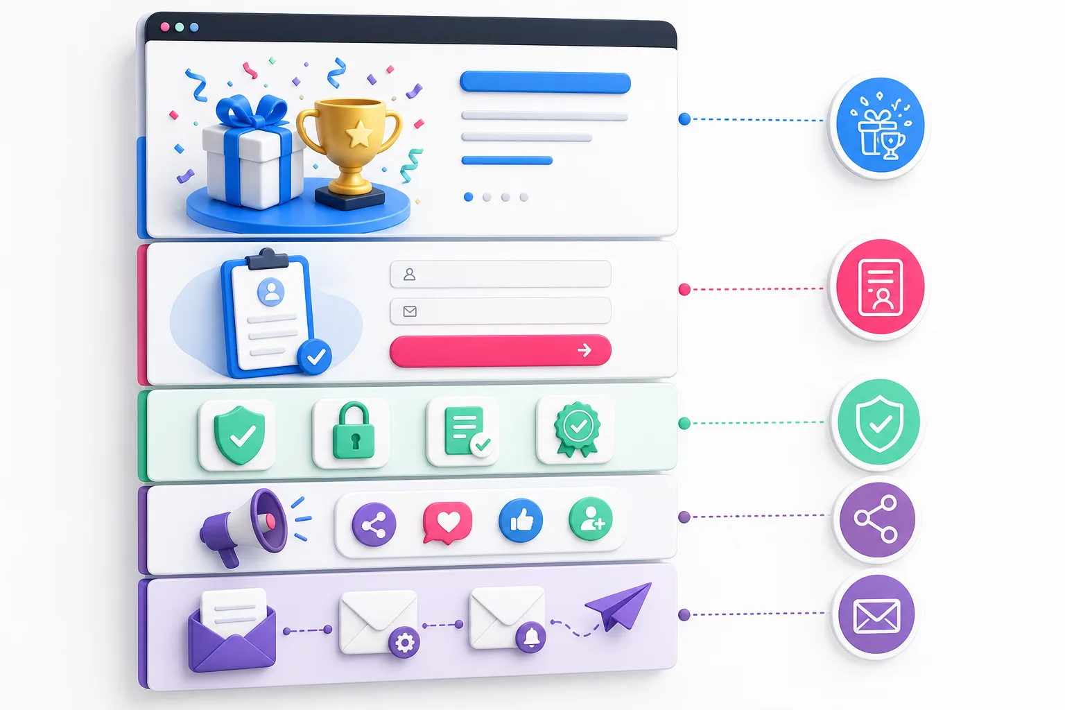 Visual map of a sweepstakes landing page anatomy with hero, form, rules, referrals, and email follow-up sections