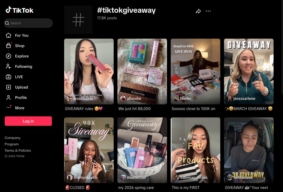 #tiktokgiveaway hashtag page showing real giveaway contests