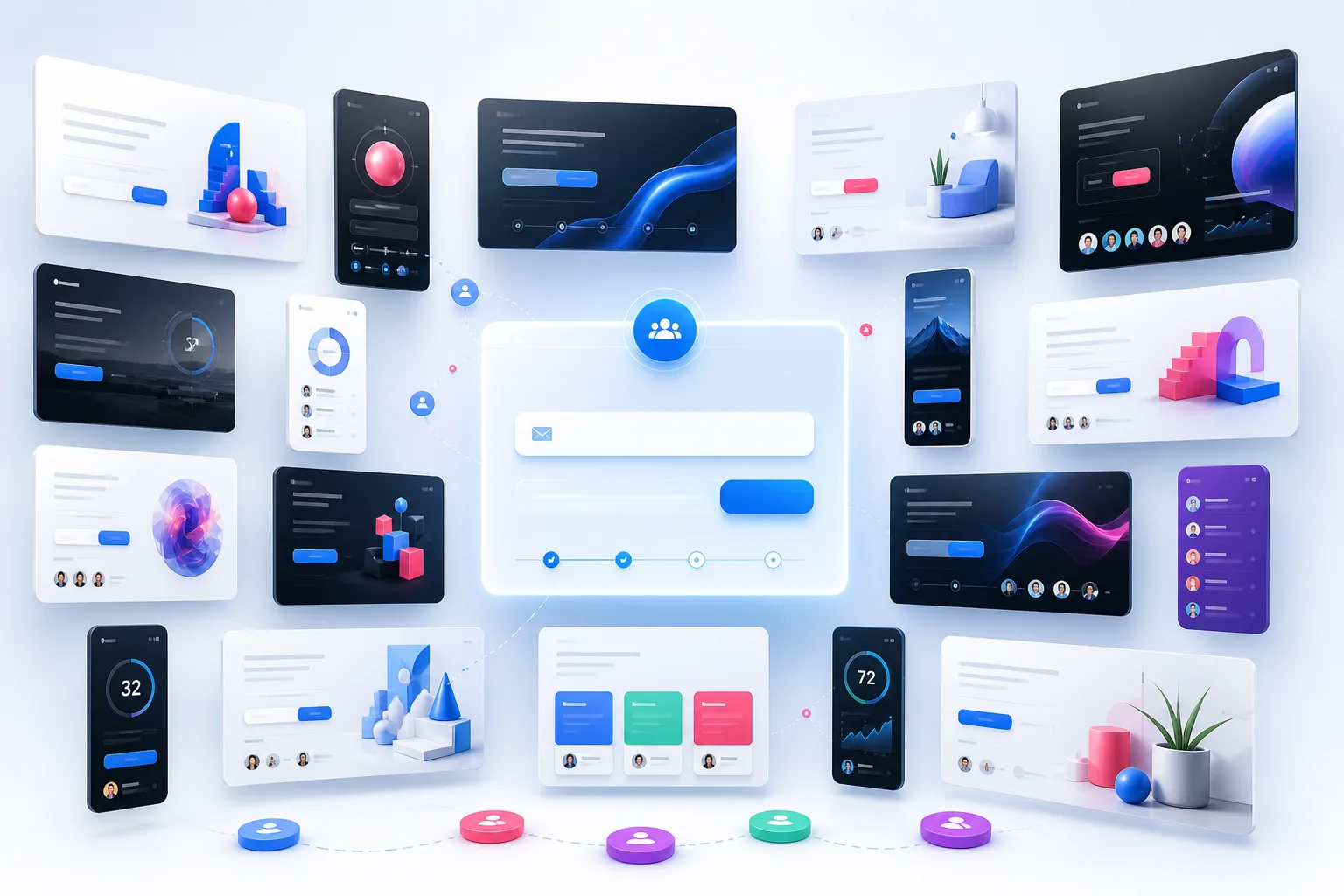 A gallery of waitlist landing page examples converging on a signup form