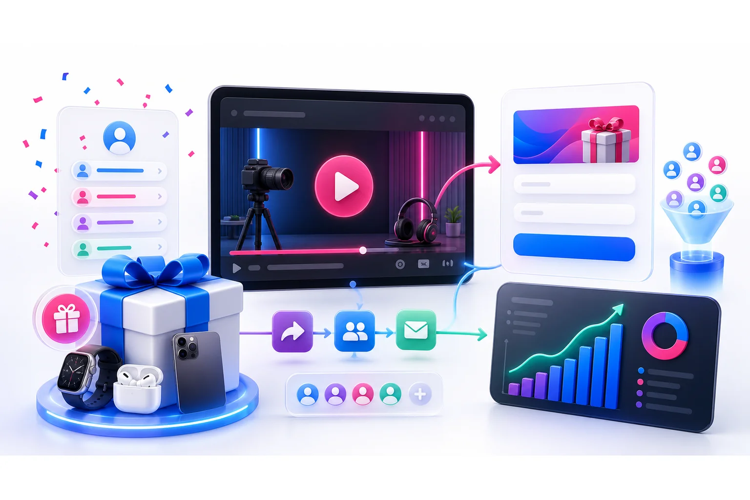 Generated KickoffLabs YouTube giveaway funnel illustration showing a creator video, prize, landing page, referral sharing, email capture, and growth dashboard.