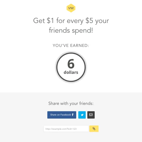 Rewards page showing dollars earned from purchases and referrals