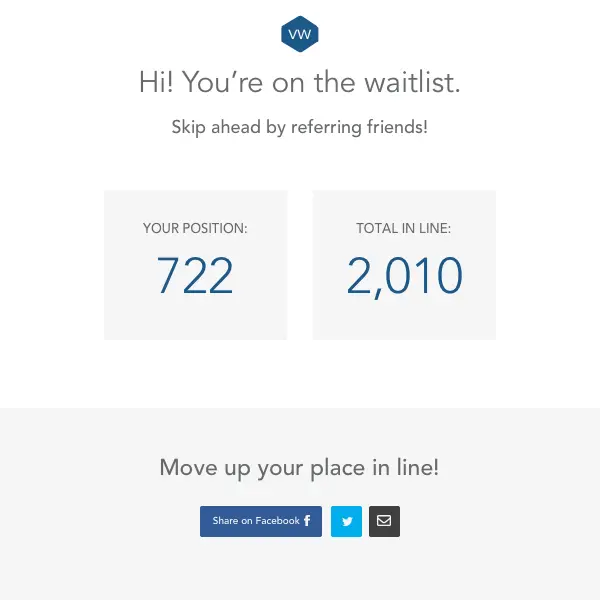 Waitlist status page showing signup position and referral progress