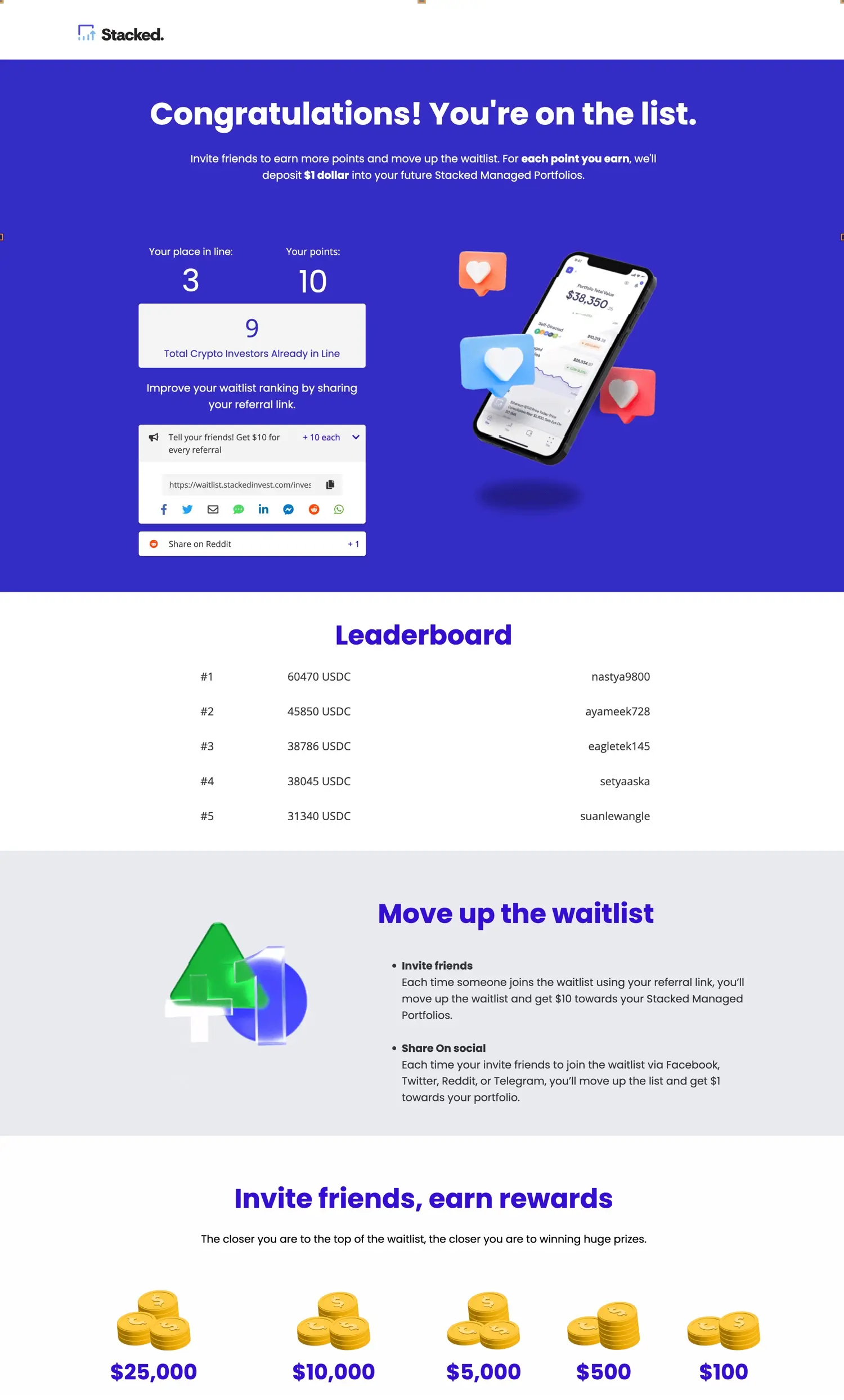 Example of KickoffLabs waitlist with a leaderboard contest.