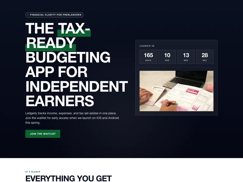 Top of the budgeting app waitlist page: split hero with countdown