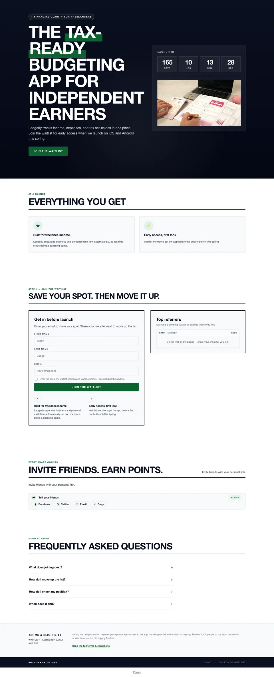 The full budgeting app waitlist page drafted by the KickoffLabs builder