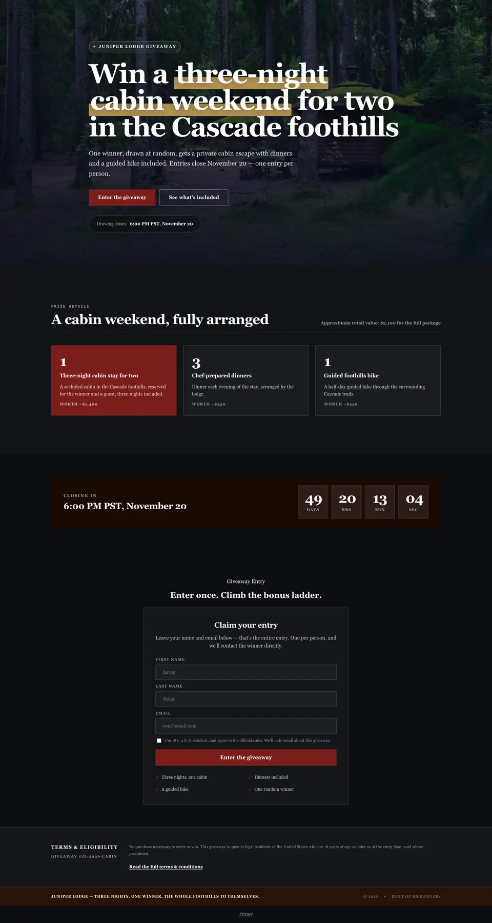 The full cabin weekend giveaway page drafted by the KickoffLabs builder