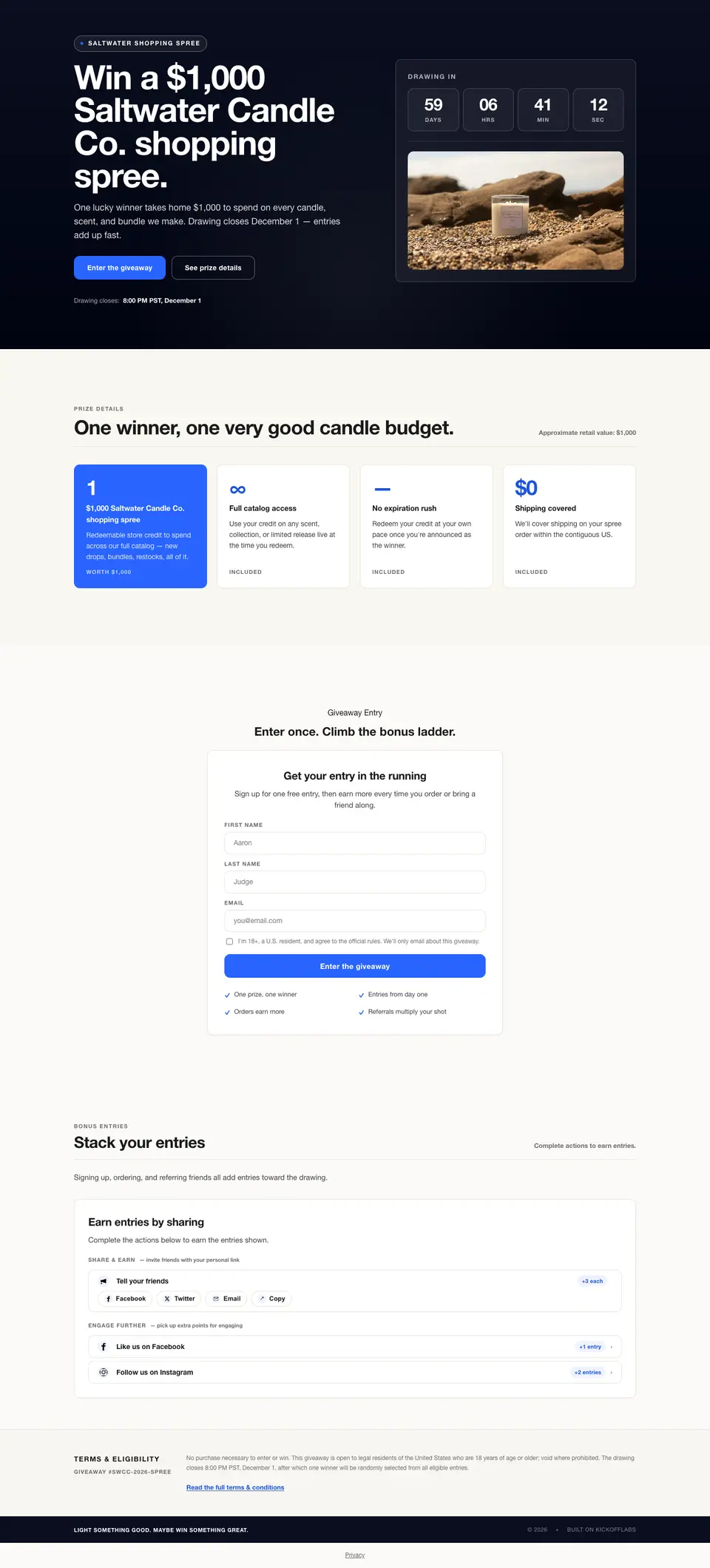 The full online store shopping spree page drafted by the KickoffLabs builder