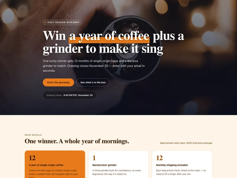 A hosted KickoffLabs giveaway landing page with a full-bleed coffee photo, the headline and an enter button