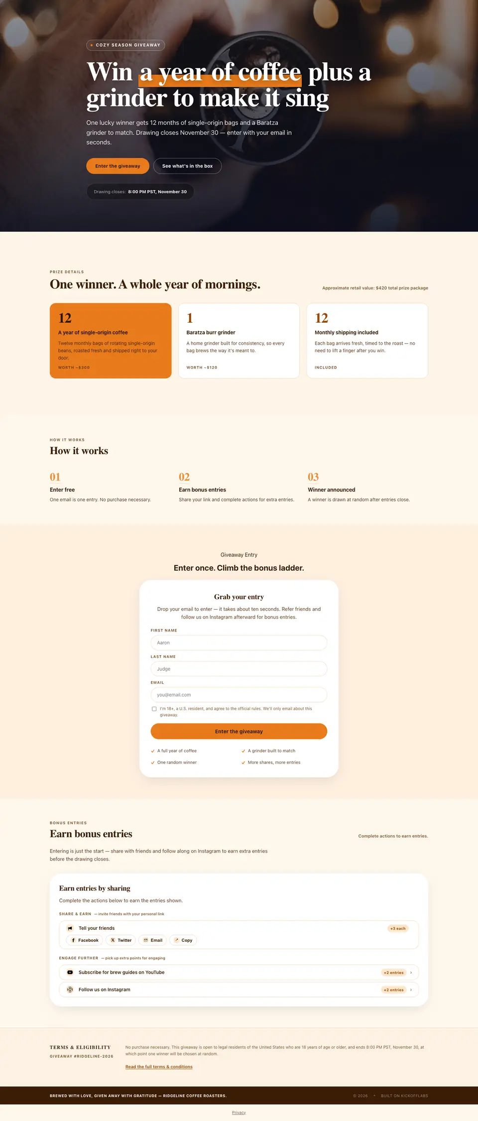 The full coffee subscription giveaway page drafted by the KickoffLabs builder