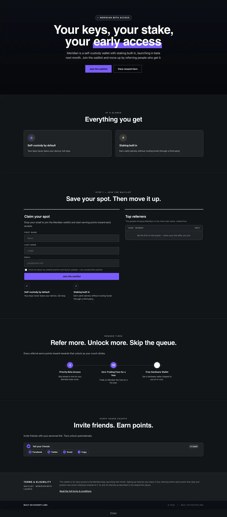 The full crypto wallet waitlist page drafted by the KickoffLabs builder