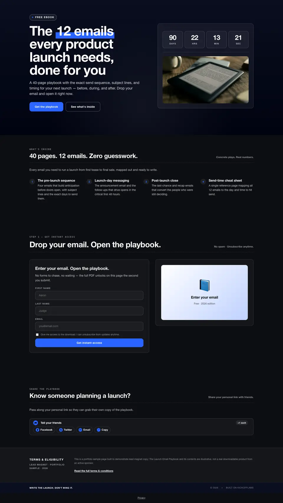 The full ebook download page drafted by the KickoffLabs builder