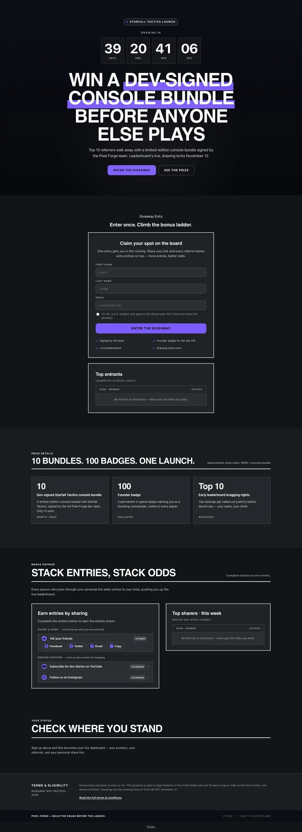The full game launch leaderboard page drafted by the KickoffLabs builder