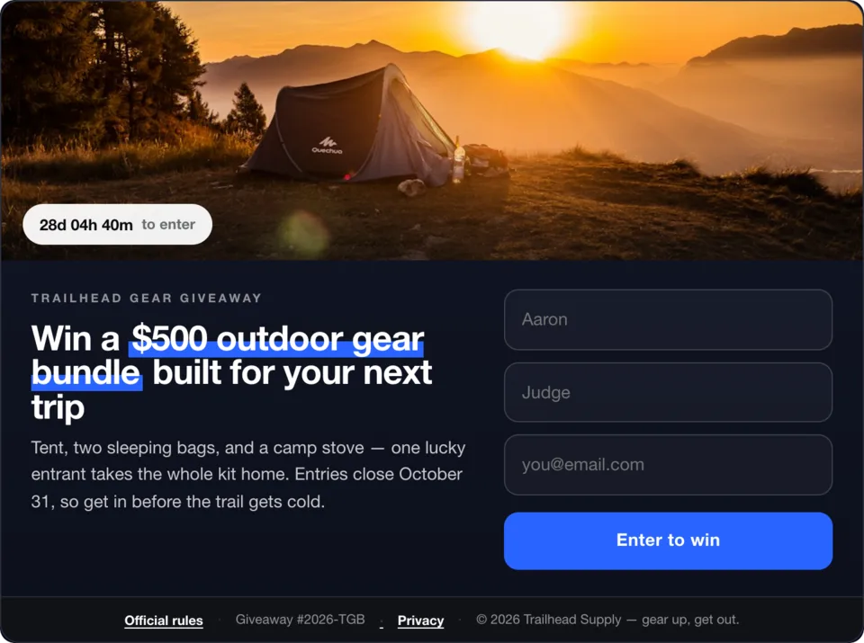A compact giveaway signup box with a photo, countdown, headline and entry form