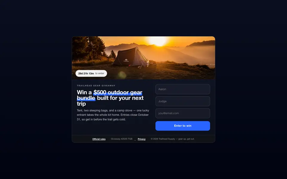 The full compact giveaway box page drafted by the KickoffLabs builder