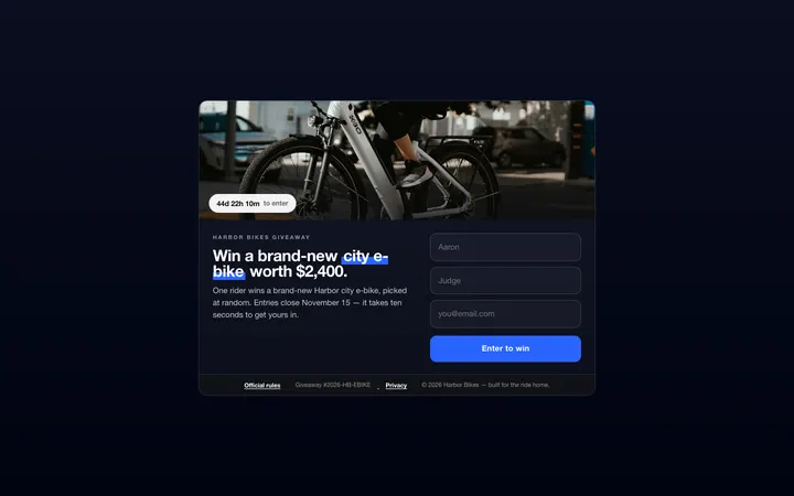 The e-bike giveaway with the compact box hero layout